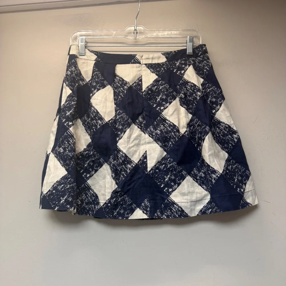 Boden Mini Skirt Womens 6R Navy Blue Excellent Linen Geometric Diamond A-Line